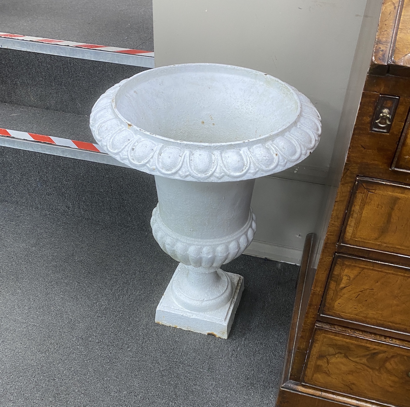 A pair of Victorian cast iron campana garden urns, diameter 48cm, height 62cm